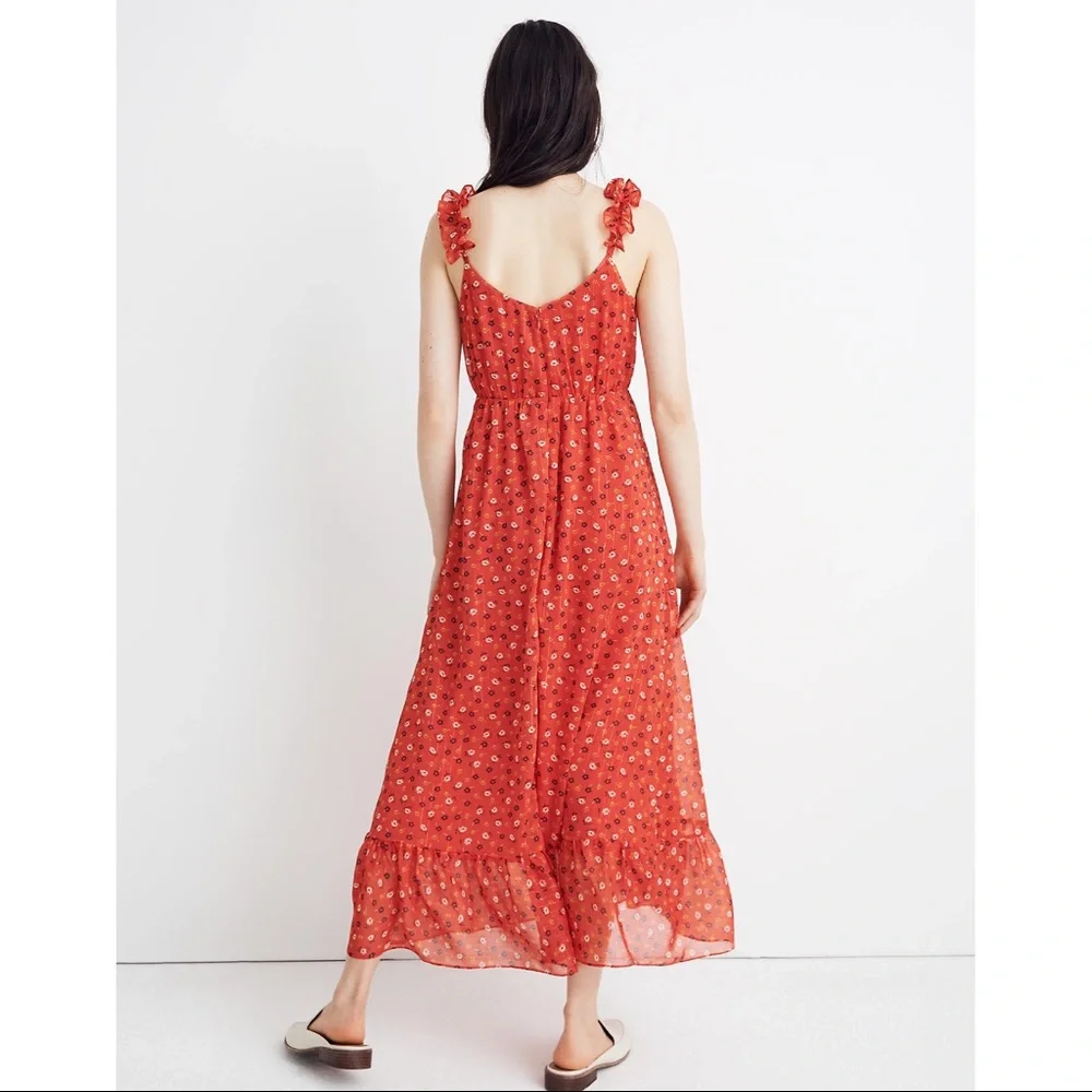 MADEWELL Ruffle-Strap Wrap Dress in Metallic-Striped Prairie Posies red - Picture 4 of 13